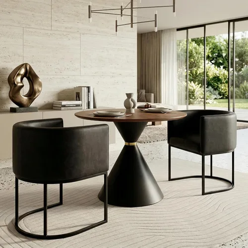 Vista 30 de HNY Silla de comedor moderna de mediados de siglo tapizada en forma de barril, negra, con brazos, silla de cocina y comedor de cuero, silla auxiliar