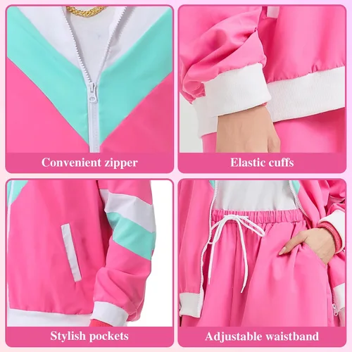 Vista 4 de Chándal de los años 80 para hombres y mujeres, traje retro rompevientos de los años 80 para parejas, traje deportivo de color de los años 90