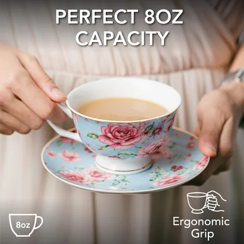 Vista 3 de BTaT- Tazas de té y platillos, diseño floral, juegos de tazas de té de porcelana, aptos para lavavajillas, juego de 4, 8 onzas