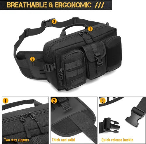 Vista 2 de ATZB Riñonera táctica para hombre, bandolera en el pecho, hombro cruzado, riñonera para senderismo, Negro
