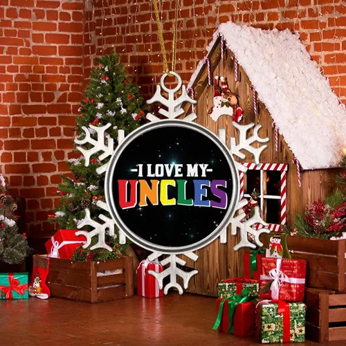 Vista 5 de I Love My Uncle LGBT Pride Adornos de Navidad para árbol, bisexual, arco iris, orgullo gay, LGBTQ Pansexual de metal copo de nieve colgante de árbol