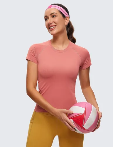 Vista 3 de CRZ YOGA Camisetas de entrenamiento sin costuras para mujer, transpirables, de manga corta, para gimnasio, correr, yoga, atléticas