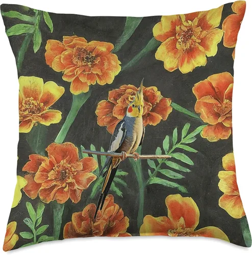 Vista 4 de Cockatiel Orange Yellow Marigolds Vintage Flower Pattern Throw Pillow