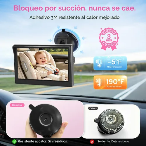 Vista 5 de Cámara de Coche para Bebé Itomoro, Pantalla de 5 Pulgadas de Doble Canal con 2 Cámaras de Visión Nocturna IR, Fácil Instalación de Espejo de Coche