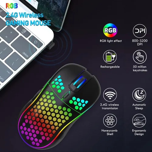 Vista 7 de JYCSTE Ratón inalámbrico para juegos, mouse ergonómico de computadora recargable, diseño de panal con retroiluminación RGB, receptor USB, 6 botones