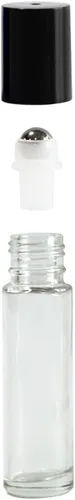 Vista 2 de Botellas de vidrio transparente de 0.3 fl oz con bolas de rodillo de acero inoxidable y tapas negras, paquete de 24 (transparente)