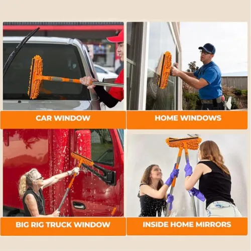 Vista 5 de Escobilla giratoria de 10 pulgadas con cepillo de microfibra extraíble 2 en 1 y cabezal de lavadora para limpieza de ventanas y paneles solares, se