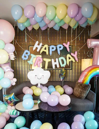 Vista 5 de Decoraciones de cumpleaños pastel, globos pastel con pancarta de globos de feliz cumpleaños, globos de macarrón, globo de látex de nube