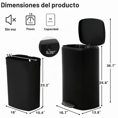 Vista 6 de Basurero de cocina de acero inoxidable de 13 galones con tapa, pedal de pie, cubo de plástico, tapa de cierre suave, resistente a las huellas