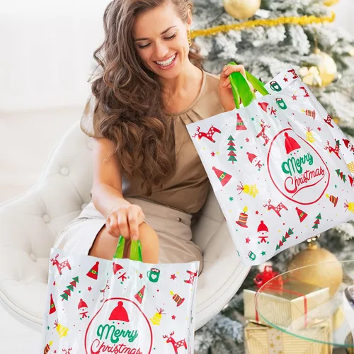 Vista 4 de Fulmoon 200 bolsas de regalo de Navidad extragrandes de plástico con asas, reutilizables, mercancía, compras, venta al por menor, bolsas