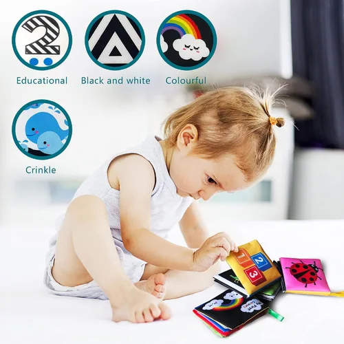 Vista 5 de Libros de tela suave para bebés en blanco y negro (paquete de 4), juguetes sensoriales para recién nacidos, niños pequeños, no tóxicos, educación