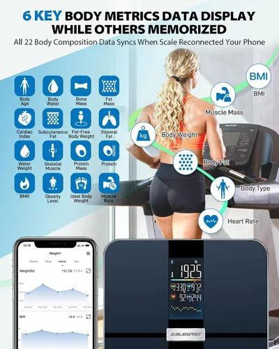 Vista 3 de ABLEGRID Báscula inteligente de grasa corporal, báscula de baño digital recargable para peso corporal, tendencias de gradiente y pantalla de cambio
