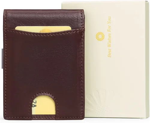 Vista 6 de SENDEFN Carteras delgadas de cuero para mujer, tarjetero con bloqueo RFID, billetera plegable pequeña, Zz-café, Minimalista