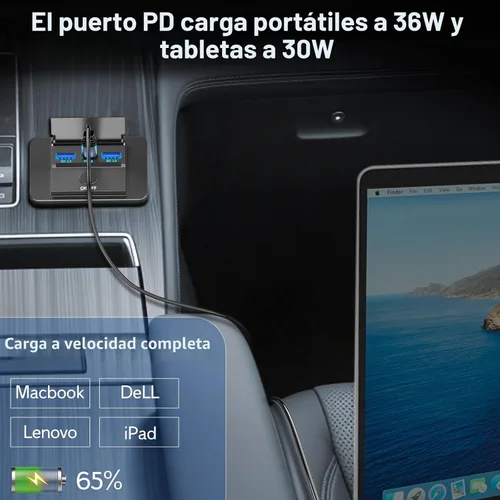 Vista 3 de 72W 12V Panel de salida USB de montaje en pared, cargador de puerto USB de coche de 36W USB C y doble QC 3.0 de 18W con interruptor de botón, salida