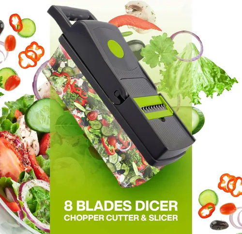Vista 4 de Picador de verduras 15-1 con recipiente – Cortador de 8 cuchillas y rebanador – Cesta de drenaje, pelador, separador de huevos y muchos más