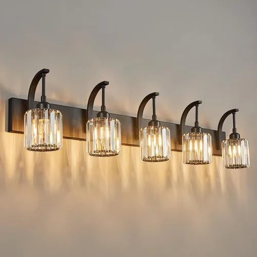 Vista 25 de Luces de tocador de cristal de 3 luces negras para tocador de baño, modernas lámparas de baño de cristal sobre espejo de 23.62 pulgadas de largo