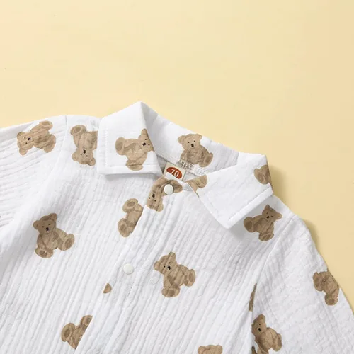 Vista 3 de YINGISFITM Mameluco de manga larga con estampado de oso para recién nacido, ropa de otoño de algodón y lino