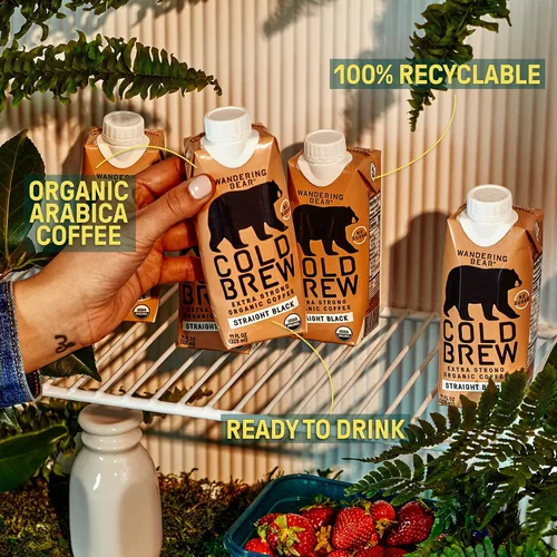 Vista 6 de Wandering Bear Café orgánico recto negro frío sobre la marcha, 11 onzas líquidas, 1 paquete, extra fuerte, suave, orgánico, sin azúcar, estable