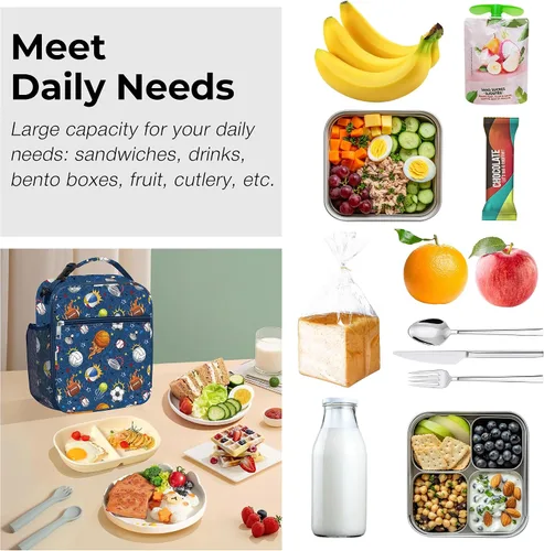 Vista 4 de Clastyle Bolsa de almuerzo deportiva con aislamiento de grafiti para niños, bolsa térmica grande para niños, color azul, picnic, escuela, lonchera