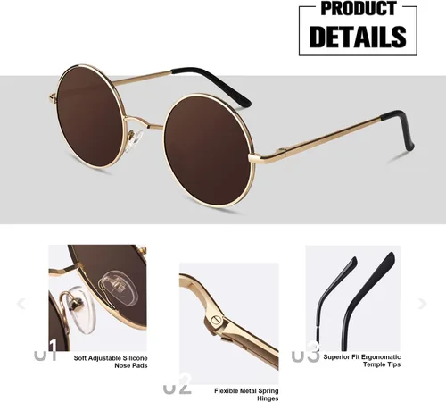 Vista 4 de Sunier Gafas de sol redondas para hombre y mujer, polarizadas, hippie, Lennon retro, círculo, UV400, gafas de sol