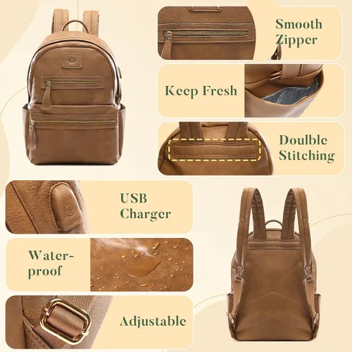 Vista 5 de miss fong Bolsa de pañales pequeña para viaje, de cuero, mochila para pañales de bebé con 7 bolsillos con cargador USB y 2 bolsillos aislados