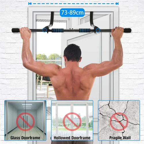 Vista 3 de Barra de dominadas ajustable de 33.5 in para marco de puerta, 220.5 lbs, sin tornillos, robusta con espuma para entrenamiento, fitness