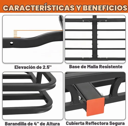 Vista 4 de WEIZE Cesta de Carga con Enganche para SUV, Camión - 53x19 Pulgadas, Capacidad de 500LB, con Bolsa Impermeable, Correa de Red, Tensor, Recubierto