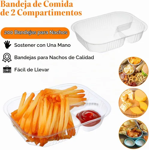 Vista 3 de Paquete de 200 bandejas de nachos de 22 onzas, de plástico de 6 x 8 pulgadas, 2 compartimentos para servir alimentos, bandeja desechable para salsa