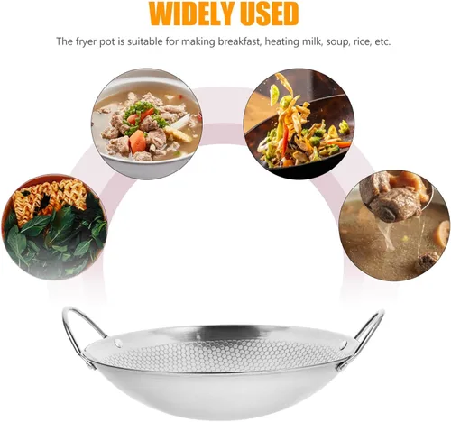 Vista 7 de Yardwe Wok Sartén de acero inoxidable Stir Fry Sartenes de 8 pulgadas Olla caliente de hierro Sartén de hierro de doble mango Olla de cocina china
