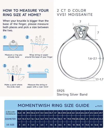 Vista 6 de MomentWish Anillos de moissanita, anillos de moissanita de 1 quilates para mujer, anillos solitarios de plata de ley 925 con diamantes de imitación