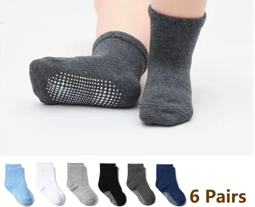Vista 4 de XuoAz Calcetines de bebé con agarres para niños y niñas, calcetines antideslizantes con agarres, 6 pares