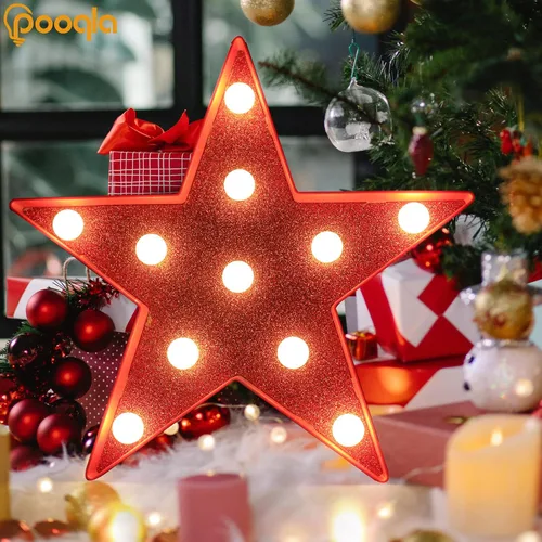 Vista 3 de Pooqla Luces de marquesina de estrellas, marquesina LED con purpurina, estrella de luz roja, luz nocturna alimentada por pilas para fiesta