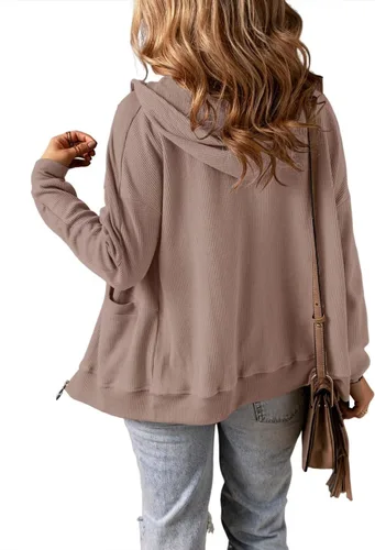 Vista 4 de Chaqueta de punto gofre para mujer, con cremallera, de gran tamaño, para otoño, con bolsillo