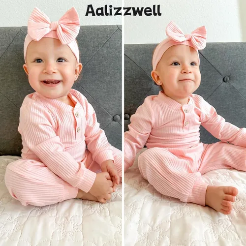 Vista 2 de Aalizzwell Traje acanalado de manga larga neutral para bebé con sombrero y diadema