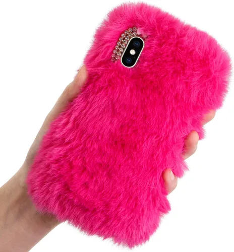 Vista 9 de LCHDA Funda de felpa para iPhone 7/iPhone 8, funda de piel de conejo, funda mullida y esponjosa para niñas, lindo pelo cálido de invierno, funda
