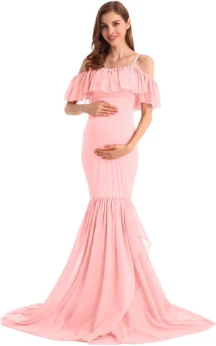 Vista 31 de MYRISAM Vestido de maternidad con volantes y hombros descubiertos para mujer, vestido de fiesta de sirena de gasa, vestido ajustado