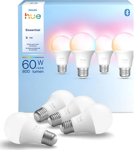 Vista 10 de Philips Hue Essential - Bombilla LED inteligente A19, ambiente blanco y color, base E26, 8.8W, 2200K-6500K, 800 lúmenes, regulable, funciona