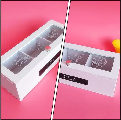 Vista 6 de White Wooden Tea Storage Box with Top, Three Compartments