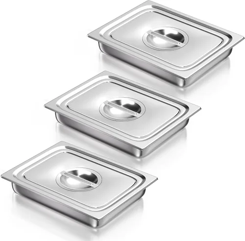 Vista 20 de WantJoin Recipientes Gastronómicos con Tapa 1/1 Tamaño Completo 4 Pulgadas de Profundidad Paquete de 3, Juegos de Bandejas de Metal de Acero