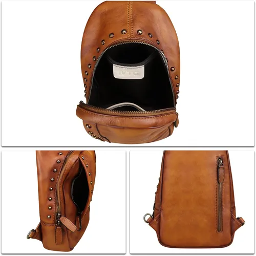 Vista 7 de IVTG Bolso bandolera de cuero genuino para mujer, mochila bandolera para el pecho, hombro, senderismo, vintage, hecho a mano, casual, bolso cruzado