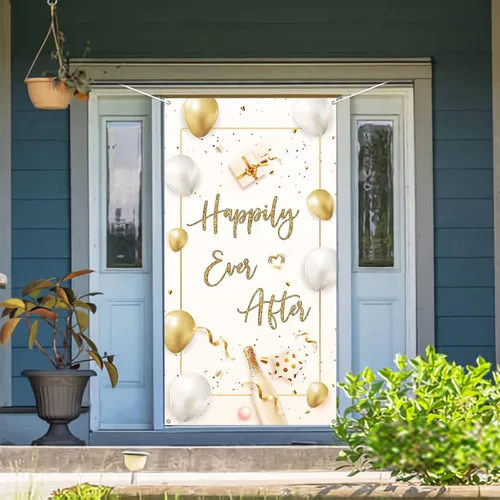 Vista 4 de INNORU Decoración de pancarta de puerta con texto en inglés "Happily Ever After", decoración de cubierta de puerta de fiesta de boda, letrero