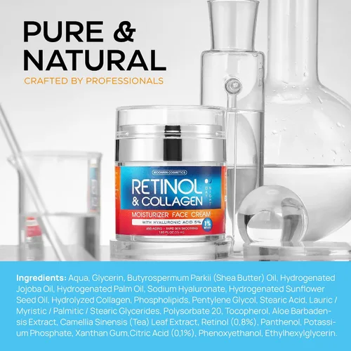 Vista 9 de Crema de retinol para cara con ácido hialurónico – Hidratante facial de colágeno para mujeres y hombres – Fórmula avanzada antienvejecimiento