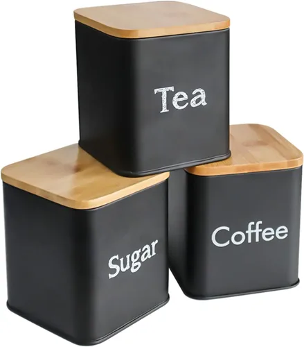 Vista 7 de SOTECH Caja de Pan con 3 Frascos Café Azúcar Té para Encimera de Cocina Caja de Pan de Metal Blanco con Tapa de Tablero de Bambú Conjunto