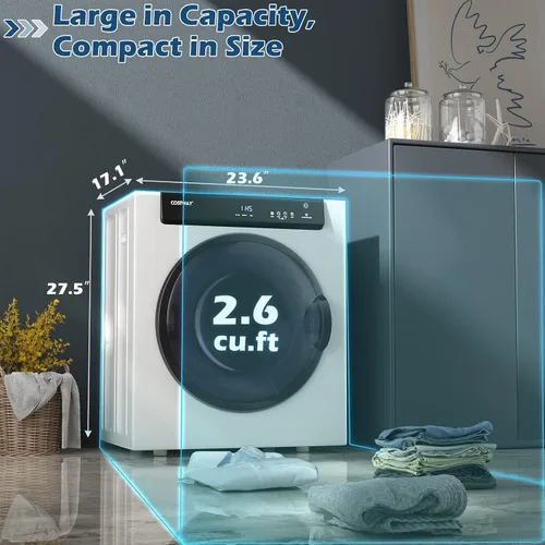 Vista 6 de COSTWAY Secadora portátil compacta, con panel táctil, 2 modos, 3 potencias de calefacción y ventilación de escape ajustable, secadora de ropa