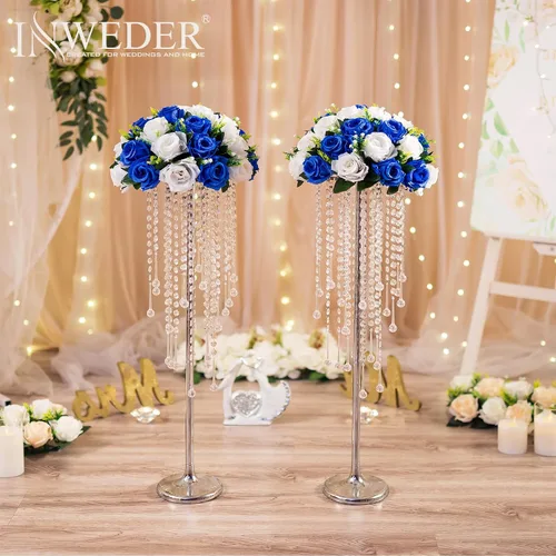 Vista 4 de Bolas de flores para centros de mesa, rosas de boda, 2 bolas de rosas artificiales con base, bola de flores falsas azul real, bola de beso, floral