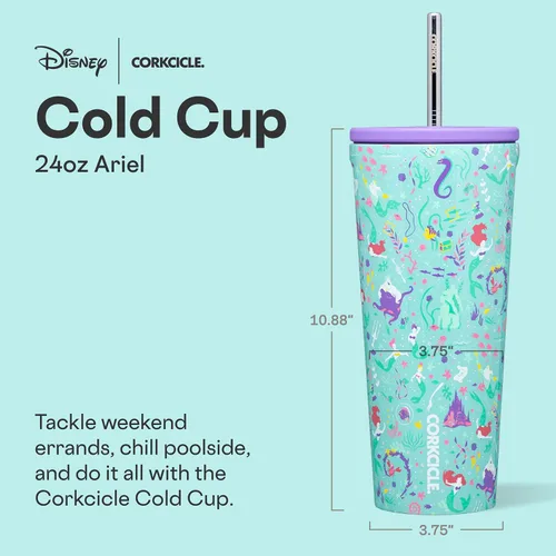 Vista 2 de Corkcicle Disney Princess Vaso Frío - Mantiene las Bebidas Frías durante 12 Horas - Acero Inoxidable con Triple Aislamiento - Popote y Tapa de Rosca