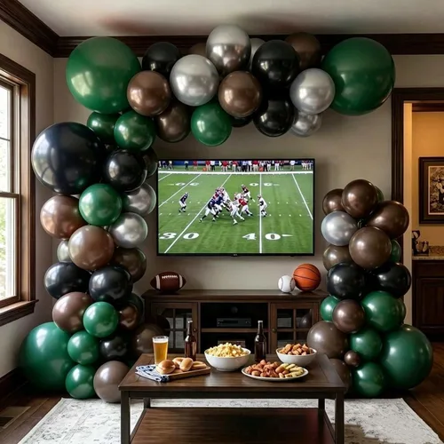Vista 5 de Arco de globos de látex negro y verde, guirnalda de globos de látex de doble relleno, color verde oscuro, marrón, plateado, para camuflaje