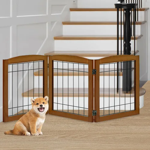 Vista 28 de LZRS Puerta plegable independiente de madera para perros de 2 paneles, madera maciza y alambre de acero, barrera para mascotas resistente a