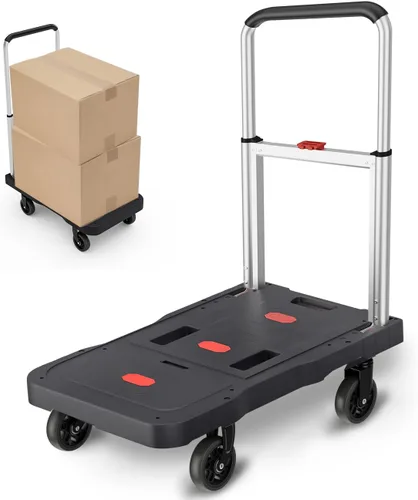 Vista 8 de Carro de empuje plegable para camión de plataforma, capacidad de peso de 330 libras, mango ajustable para carretilla de mano con ruedas giratorias