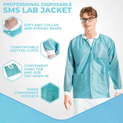 Vista 3 de Paquete de 10 chaquetas desechables de laboratorio, chaqueta médica reutilizable hasta la cadera, unisex, con puños de punto y bolsillos